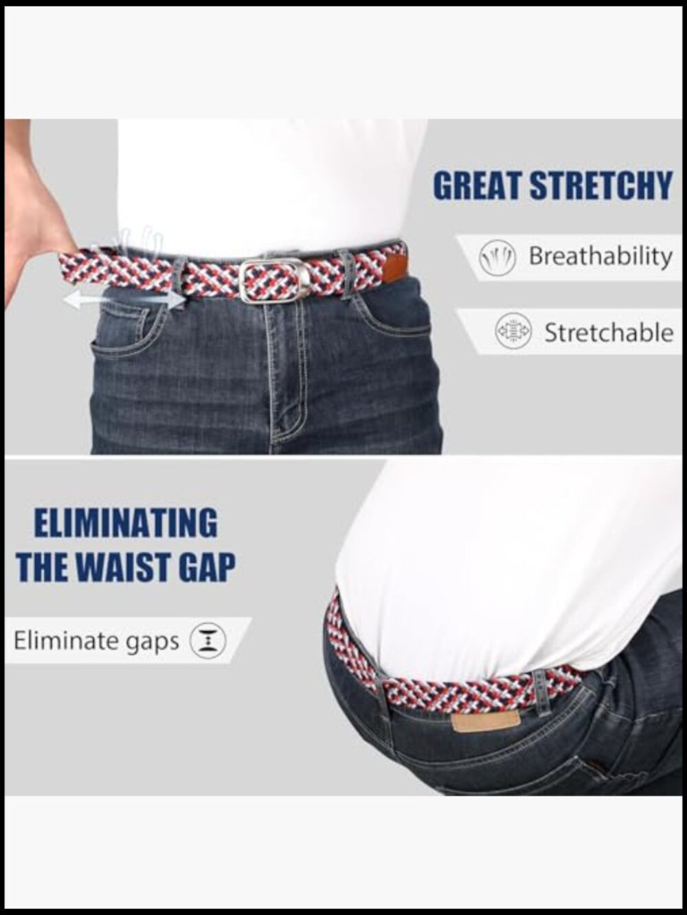 Elastic Braided Stretch Belt No Hole Adjustable Casual Golf Belt for Jeans - Picture 3 of 7
